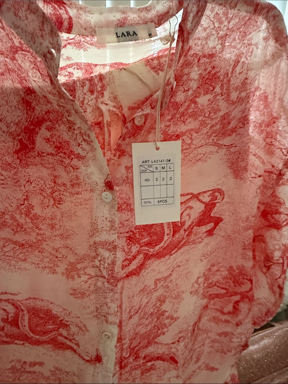 LARA Red and White Printed Button-Down Women's Shirt